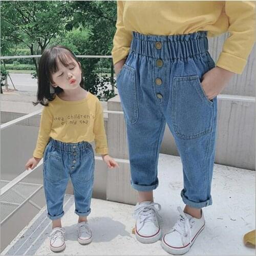 2021 New Arrival Autumn Baby Girls Denim Pants Children Kids Solid Jeans High Waist with Bottons Fashion Cute Girls Jeans