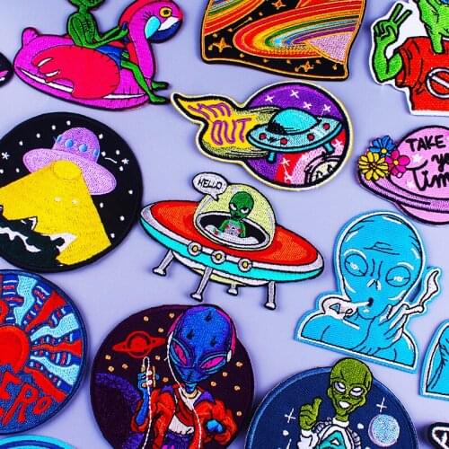 Prajna Alien Space Patch UFO Patches For Clothing Iron On Patch Stripe Embroidered Patches For Clothes Hippie Badges DIY Appliqu