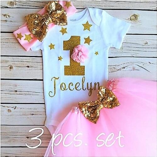 Personalized name gold stars birthday Newborn infant bodysuit onepiece Tutu Dress romper Outfit Sets baby shower party favors
