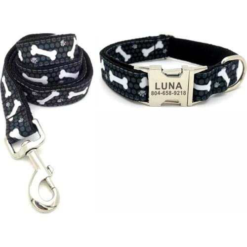 Personalized Grey Dots Pet Collar Custom Puppy ID Tag Adjustable Cat Accessory Dog Paw Bones Black Basic Dog Collars Leash Set
