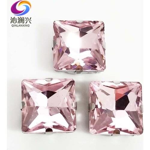 Pink top quality Glass Crystal sew on stones,square shape claw rhinestone with holes,Diy/Clothing accessorie SWZ409