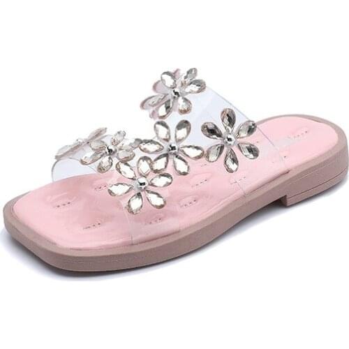 Girls Sandals 2021 Summer New Fashion Flower Rhinestone Flat Shoes Wearing Roman Beach Shoes Fashion Cute Casual Flats Sweet Hot