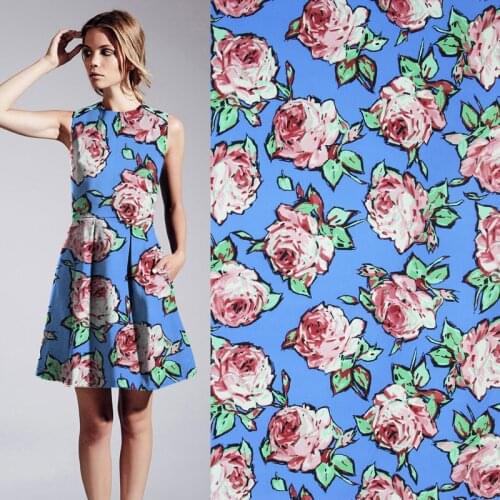 Pink floral on bright blue bottom silk and cotton blended fabric 19momme,SCT468