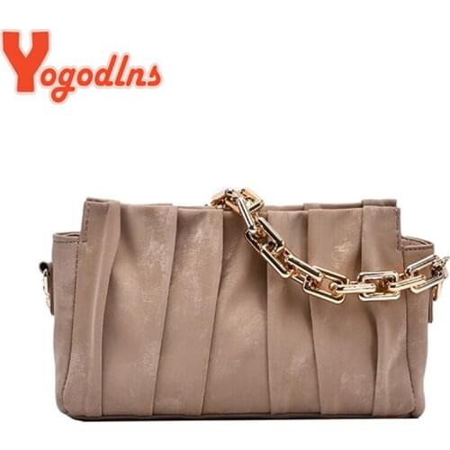 Yogodlns Folds Design Small PU Leather Crossbody Bags For Women 2021 Trend Bag Chain Shoulder Handbags Female Travel Branded Bag