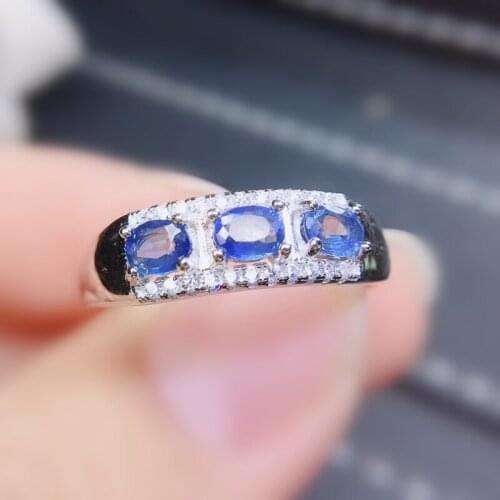 Per jewelry Natural real blue sapphire ring Free shipping 925 sterling silver Fine jewelry 0.35ct*3pcs gemstone R8081719
