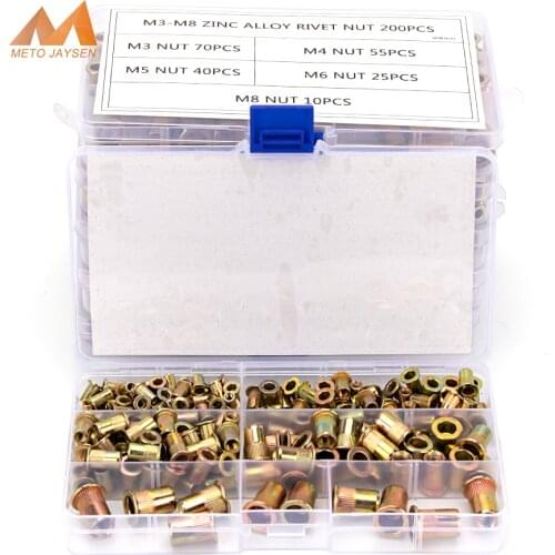 165pcs Zinc Rivet Nuts M3 M4 M5 M6 M8 Flat Head Knurled Zinc Alloy Rivet Nuts Set Multi Sizes Zinc Rivet-Nuts Assortment Kit
