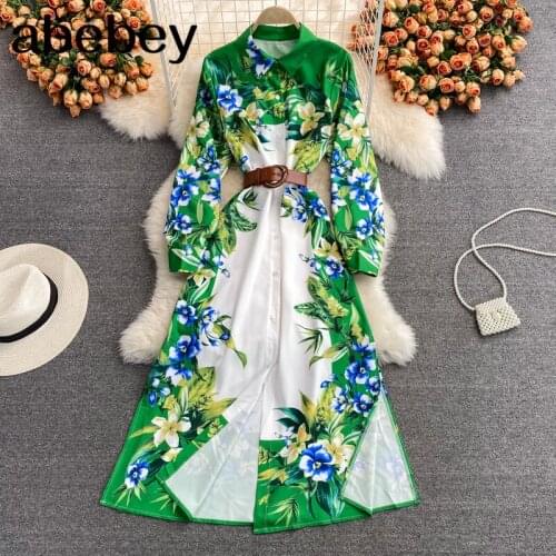 2021 New Spring Autumn Elegant turn down collar long sleeve Dress single breasted high waist lace up Print Long A-line Dress