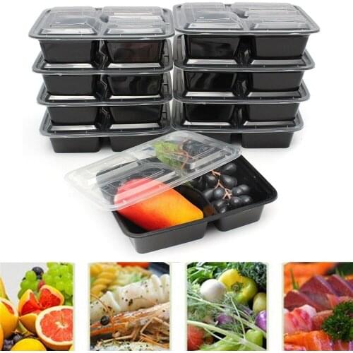 10Pcs Reusable Bento Box Plastic Meal Storage Food Prep Lunch Box 3 Compartment Microwavable Containers With Lids Lunchbox 3