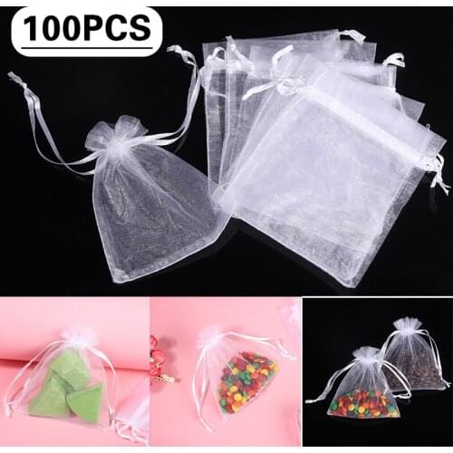 100pcs Clear Mesh Cloth Drawstring Bags Pouch Organza Jewelry Pendant Crystal Candy Favor Bag Little Gift Bags 12*10cm