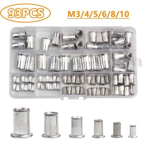 93Pcs Stainless Steel Rivet Nuts Flat Head Rivet Nuts Set M3 M4 M5 M6 M8 M10 Threaded Rivet Insert Nutsert Cap Rivet Nut