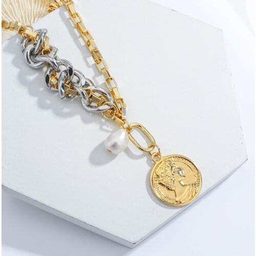 Lifefontier Unique Box Link Chain Choker Coin Pendant Necklace for Women Gold Color Metal Thick Chain Necklace Fashion Jewelry