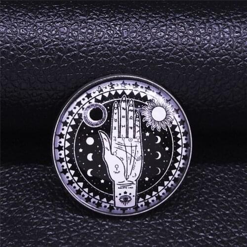 Divination Hand Sun Moon Stainless Steel Glass Brooches Women/Men Silver Color Pins Jewelry broche femme bijoux N4413S05