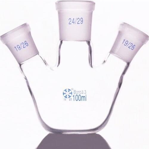 Three-necked flask oblique shape,with three necks standard grinding mouth 100ml 19/26+24/29+19/26,Three-necked flat bottom flask