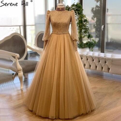 Muslim Gold Beading Evening Dresses 2021 Puff Sleeves Luxury Gowns For Women Party Wear BLA70993 Serene Hill