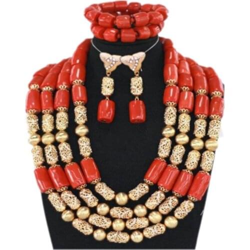 New Nature Coral Beads Jewelry Sets Nigerian Wedding Bridal Necklace Set for Women Plated Gold Color Jewellery Set Free Shipping