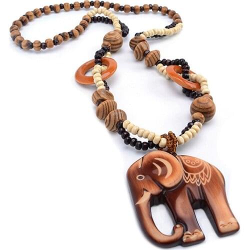 New 2021 Boho Ethnic Jewelry Long Hand Made Bead Wood Elephant Pendant Maxi Necklace For Women Wholesale Price Rope Chain Trendy
