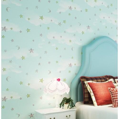 Beibehang Green wallpaper cartoon childrens room stars blue sky and clouds non-woven wallpaper cute star warm bedroom wallpaper