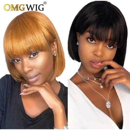 Honey Blonde Color Straight Short Bob Pixie Cut Blunt Non Machine OMG Lace Wigs With Bangs For Black Women Cheap Human Hair Wig