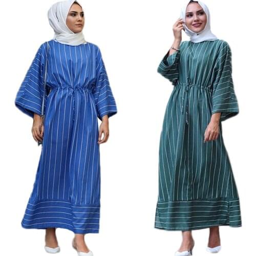 Stripe Maxi Dress Dubai Abaya Fashion Muslim Women Long Jilbab Turkish Kaftan Drawstring Party Gown Islamic Clothing Ramadan Eid
