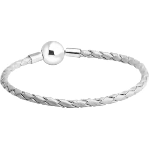 Braided Leather Bracelet 925 Sterling Silver Jewelry Round Clasp Charm Bracelets for Women Fine Jewellery argent 925