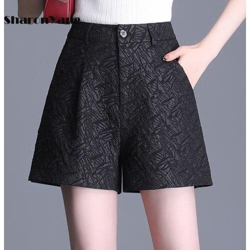 Casual Loose High Waist Jacquard Shorts Women Summer Zipper Wide Leg Shorts Women Pockets A-line Black Shorts Female 2021