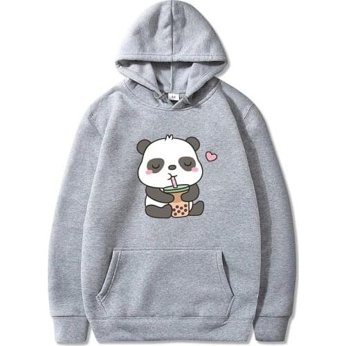 Bubble Tea Kawaii Panda Print Hoodies Milk Tea Pullovers Woman Man Long Sleeve Hooded Clothes Female Hip Hop Casual Streetwear