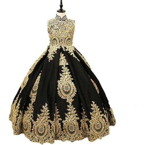 100% Real Actual Beaded Appliqued Lace Puffy Customized Plug Big Size Gold Black Flower Girl Dresses Mfa272