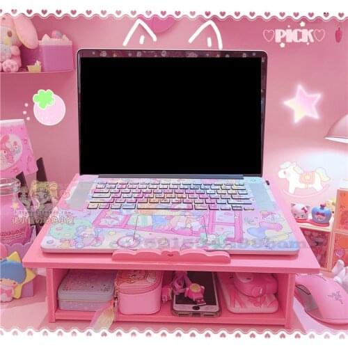 Pink Girl Laptop Desk Desktop Storage Rack Student Dormitory Desktop Stationery Box Notebook Cartoon Doll Display Organizer