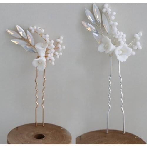 SLBRIDAL Handmade Alloy Leaf Ceram Flower Freshwater Pearls Bridal Hair Pin Wedding Hair Sticker Women Jewelry Hair Accessories