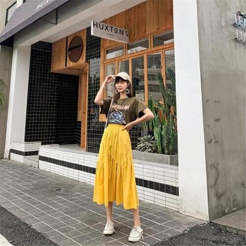 Female Korean Style Cotton Long Skirt Summer Autumn High Waist Ruffles Solid Skirts With Pocket Plus Size Women Skirts 6XL 7XL