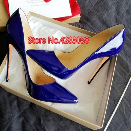Free shipping fashion women Pumps lady blue patent leather point toe high heels shoes thin heeled 12cm 10cm 8cm Stiletto
