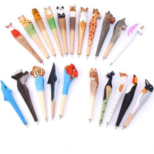 100pcs Handmade Ballpoint Pen Lovely Artificial Wood Carving Animal Ball Pen Creative Arts Blue Pens Gift New Arrival SN