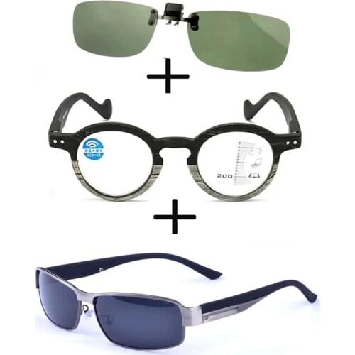 3Pcs!!! Progressive Multifocal Far and Near Reading Glasses for Men Women + Alloy Polarized Sunglasses Sports + Sunglasses Clip