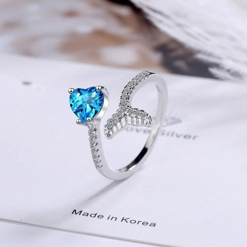 925 Sterling Silver Zircon Mermaid Heart Shape Finger Rings For Women Girls Statement Wedding Jewelry Adjustable Size jz362