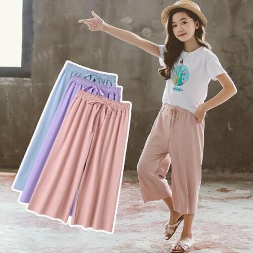 Childrens Pants New Girls Casual Wide Leg Pants Summer Thin Ice Silk Girls Pants Teens Girls Thin section Pants For 6 8 10 12Y
