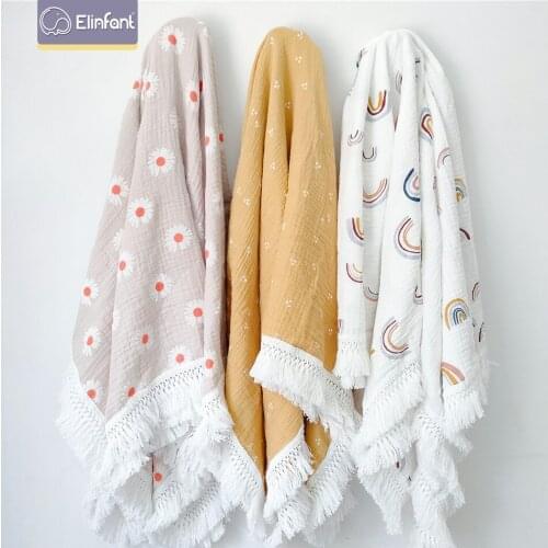 Elinfant 2 Layers 100% Cotton Print Color Fringe Lace Skin-friendly Muslin Swaddle Blanket