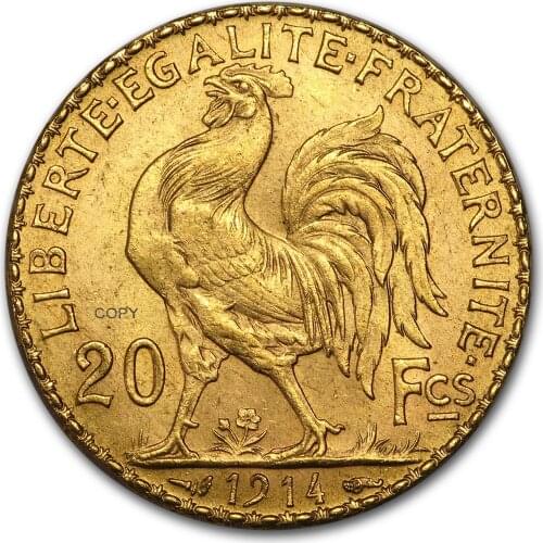 France 1914 20 Francs Gold Marianne Rooster Third Republic Brass Metal Copy Coin Liberte Replica Production