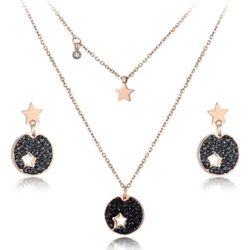 Trendy CZ Crystal Star Choker Necklaces Earrings Jewelry Sets For Girls Pave Setting Rhinestone Stainless Steel SE012