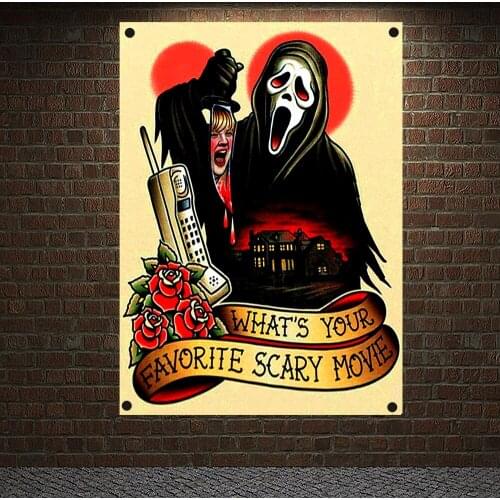 WHATS YOUR FAVORITE SCARY MOVIE Tattoo Banner Vintage Canvas Painting Wall Art Print Posters Home Decor Mural Hanging Flag