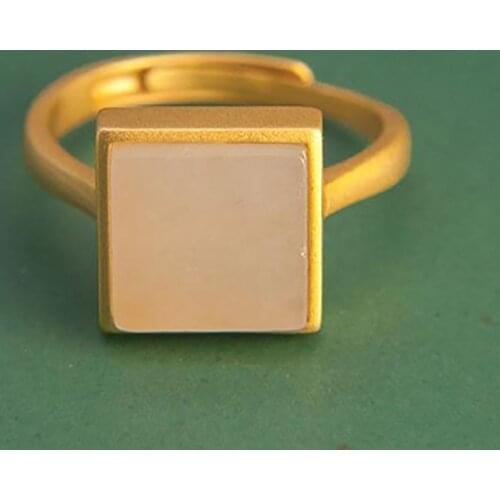 New Silver Inlaid Natural Wada White Chalcedony Square High Sense Of Refined Niche Design Retro Charm Opening Adjustable Ring