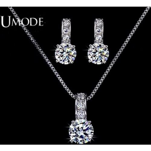UMODE New Girls Jewelry Set with 1 Pair of Small Size CZ Stud Earrings & 1 Woman Cubic Zirconia Chain Pendant Necklace US0020
