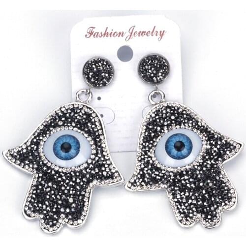 Dankaishi New Charming Big Blue Evil Eye Hamsa Hand Earrings Paved with Full Rhinestone Super Fashion Drop Dangle Earrings Women