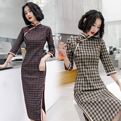 2020 Spring And Autumn New Qipao Daily Fitness Students Art Cotton And Linen Check Long Qipao Dress Cheongsam Evening Dress 치파오
