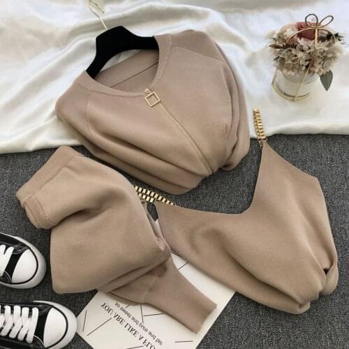 New Autumn Knitted Sweater Suit Casual Chain Vest Knit Zipper Cardigans jacket+Elastic Pants Three-Piece Sets Winter Tracksuits
