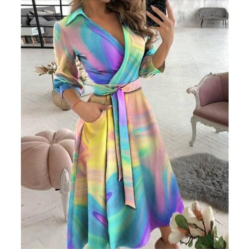 Sexy Elegant Rainbow Print Party Dresses Women Spring Summer Casual Long Sleeve Streetwear Dress Belted Clothing