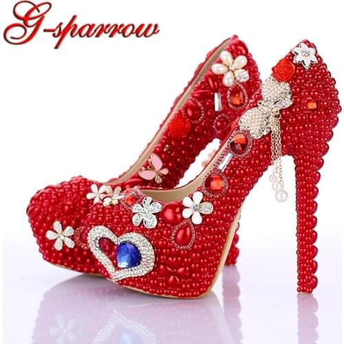 Bling Bling Luxurious Pageant Shoes in Red Girl Wedding High Heel Shoes with Pearl Women Crystal Celebrity Party Stilettlo Pumps