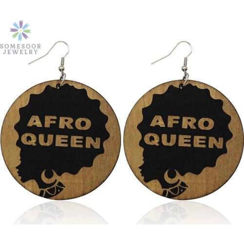SOMESOOR Laser Carved Afro Queen Wooden Drop Earrings African Natural Hair Engraved Wood Dangle Jewelry For Women Christmas Gift