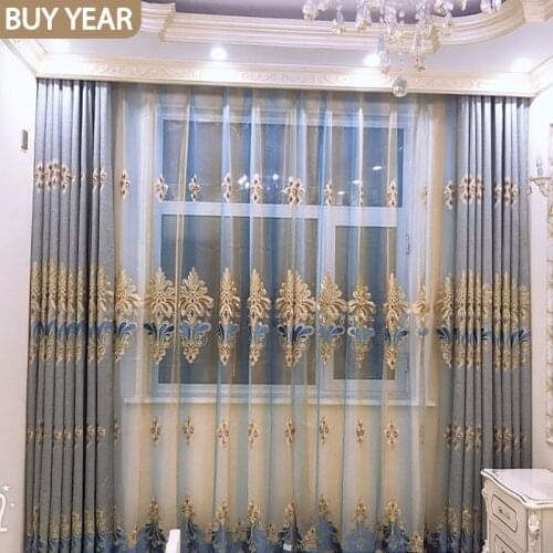 European Style Curtains Living Room Bedroom Gray Luxury Embroidered Curtains Tulle Lace Curtains Finished Product Customization