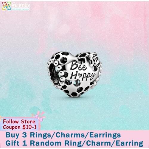 Smuxin 925 Sterling Silver Beads Bee Happy Honeycomb Heart Charms fit Original Pandora Bracelets for Women Jewelry Making Gift