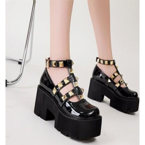 Women Cross-tied Platform Shoes Patent Leather Girls Shoes Rivet Casual Shoes Lolita Shoes punk Buckle Mary Janes Shoes